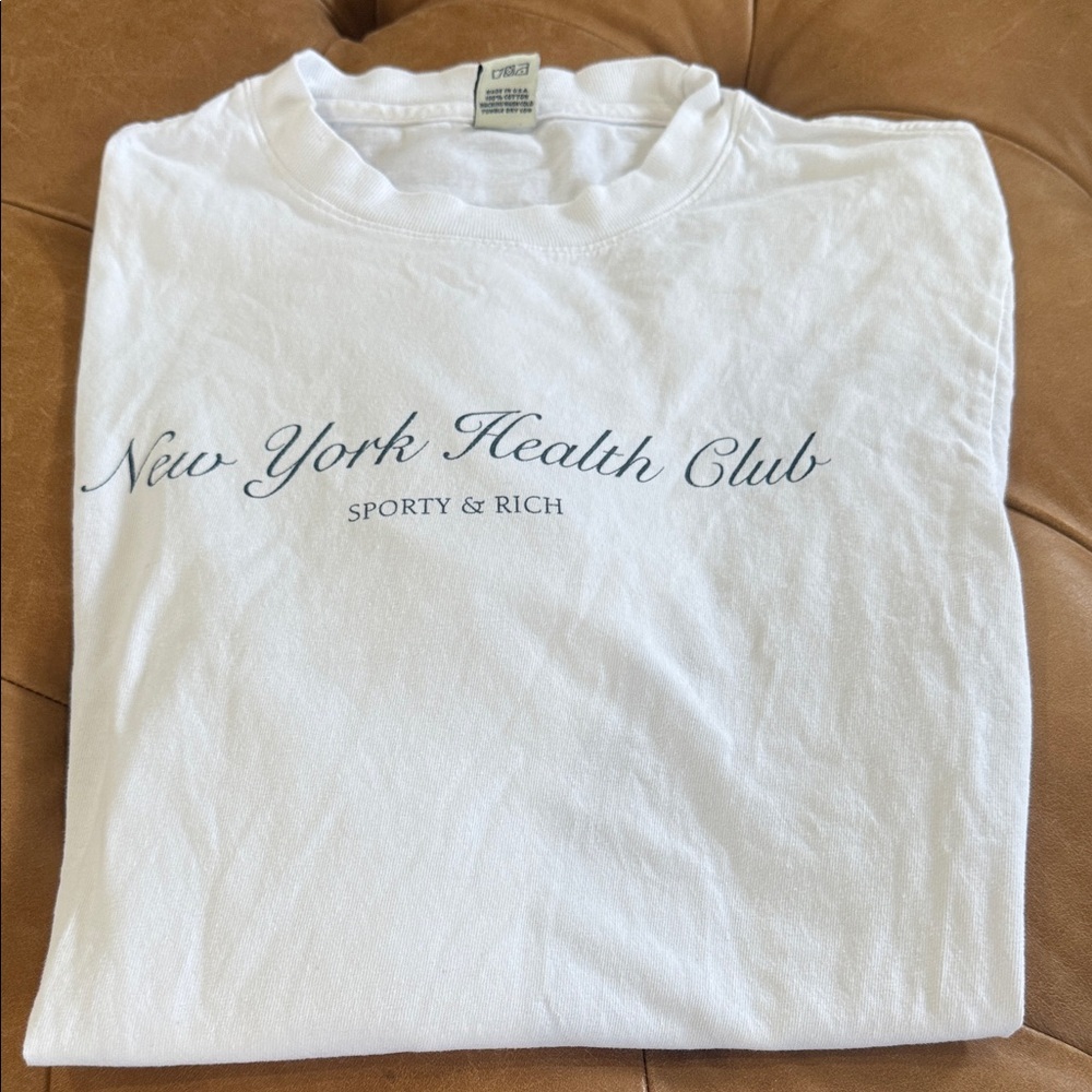 Sporty & Rich White Tee with Navy Script "New York Health Club"